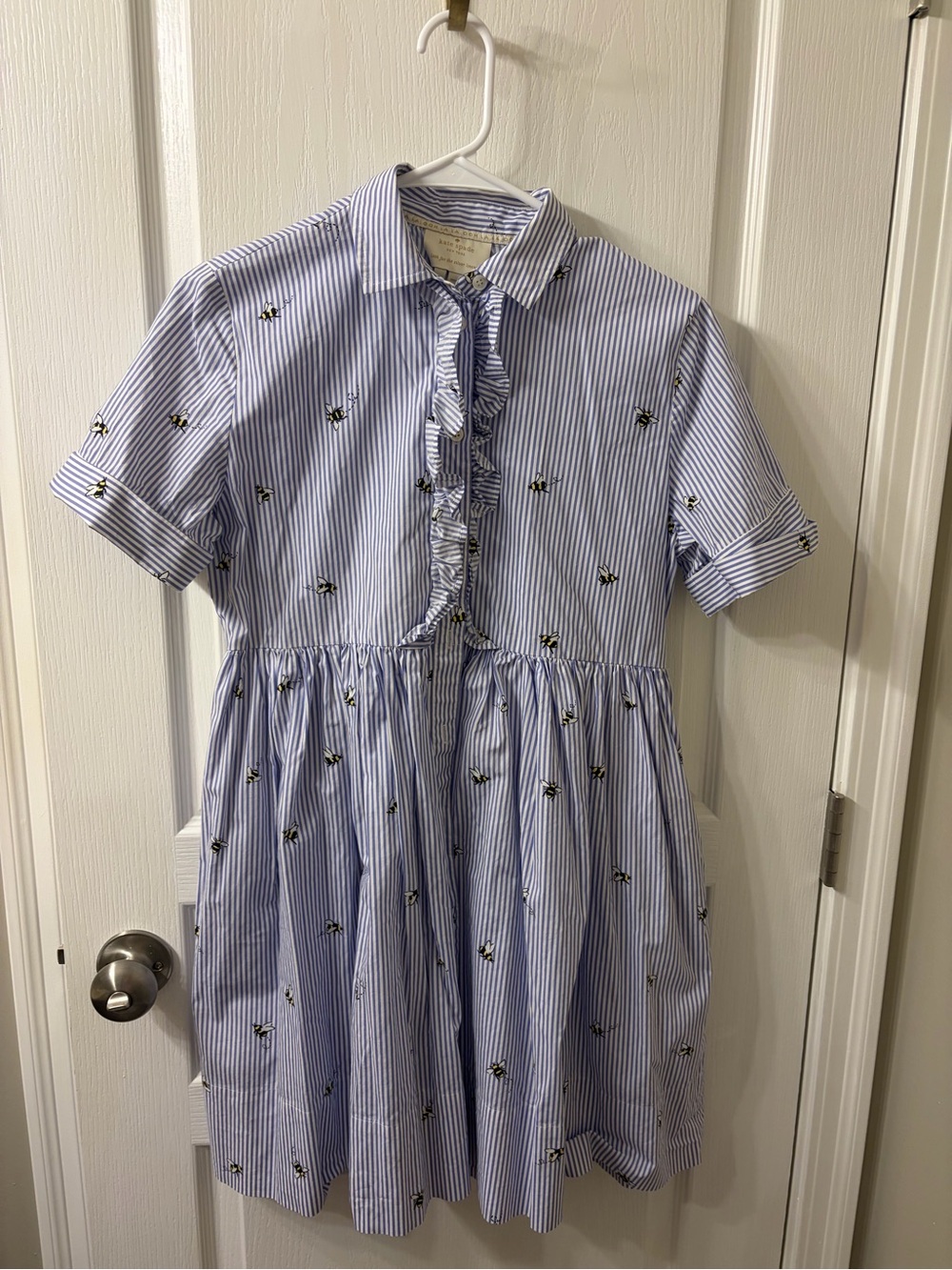 kate spade Blue and White Striped Ruffle-Front Shirt Dress